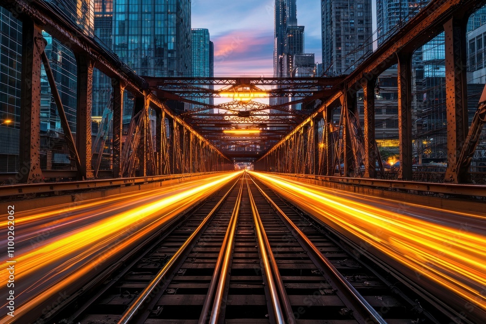 Obraz premium Fast-paced train journey urban skyline photography sunset perspective dynamic movement for seo impact
