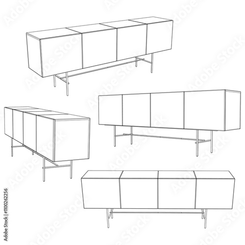 Buffet and Cabinet Outline Design for Home Decoration, Coloring Pages, and Design Projects. Modern Line Art Style