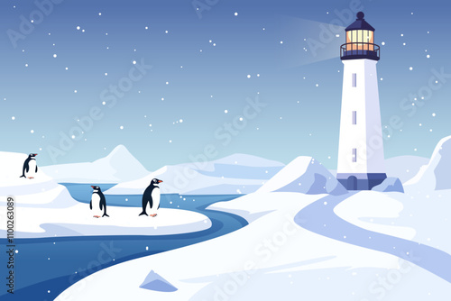 Penguins on an ice floe. Cheerful penguins swim on an ice floe among large glaciers, icebergs and a lighthouse. Beautiful vector illustration of Antarctica with penguins.