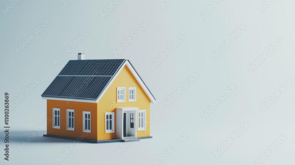 Model of a bright yellow house with solar panels on the roof displayed on a light background Model of a bright yellow house with solar panels on the roof displayed on a light background