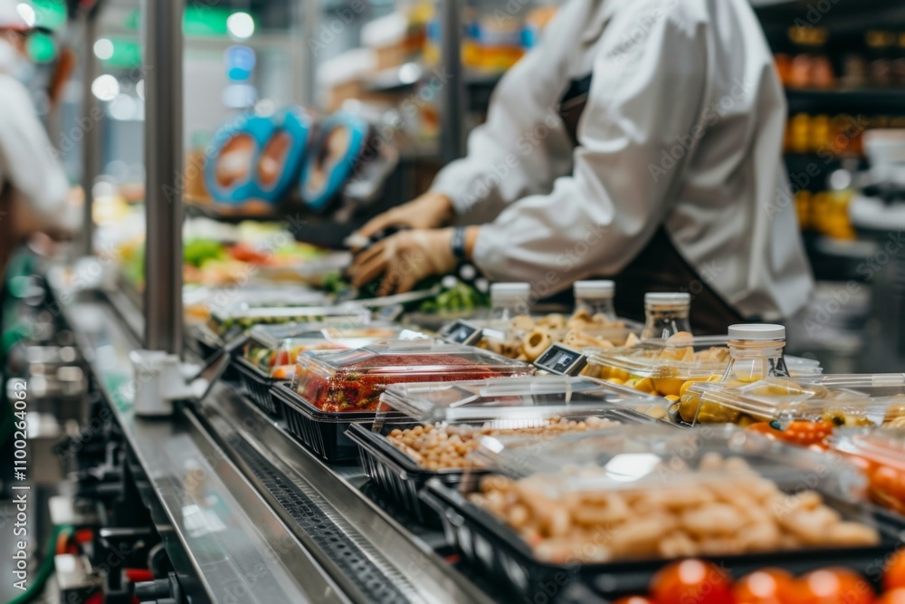 Fototapeta premium Multiple food products being packaged on conveyor belt
