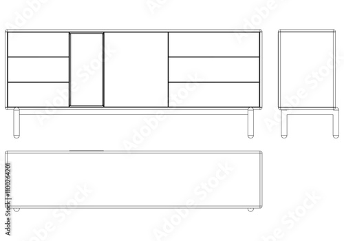 Modern Sideboard Outline Illustration for Home Decor, Coloring Books, and Design Projects. Buffet Cabinet Vector Illustration with Front, Side, and Top Views