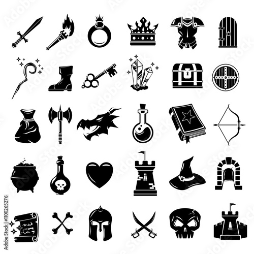 Fantasy Icon Vector Set Black Silhouette