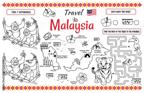 A fun placemat for kids. Printable “Travel to Malaysia” activity sheet with a labyrinth and find the differences. 17x11 inch printable vector file