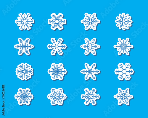 Set collection of 16 snowflakes, cute cartoon stickers for journals, decoration, gift packaging