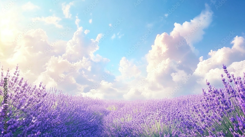 Fototapeta premium Serene Lavender Field Under Bright Blue Sky with Fluffy Clouds