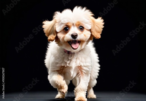 Adorable Cavoodle Puppy Running Towards Camera Against Black Background Studio Shot photo