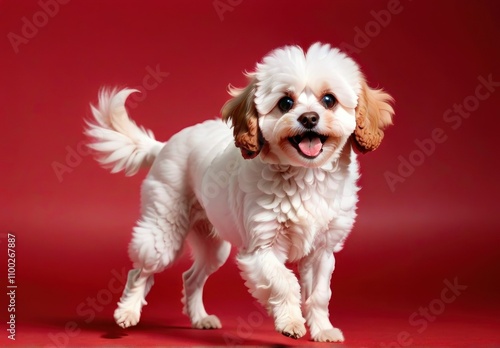 Adorable Cavapoo Puppy Playing Joyfully Against a Vibrant Red Background Studio Shot photo