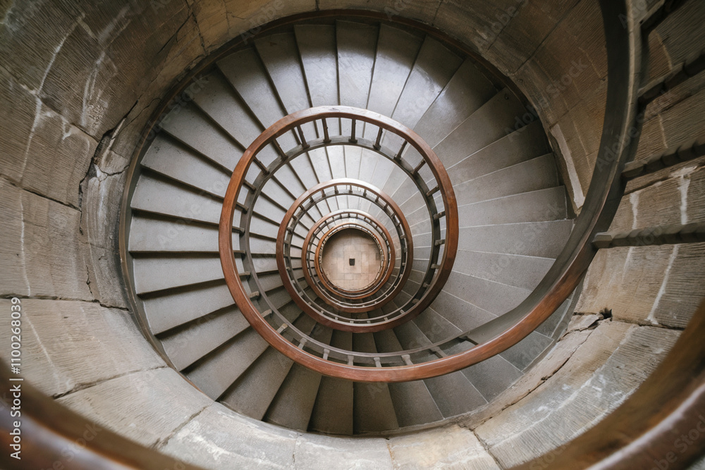Fototapeta premium Escalera de caracol con barandilla de madera. Generado con IA