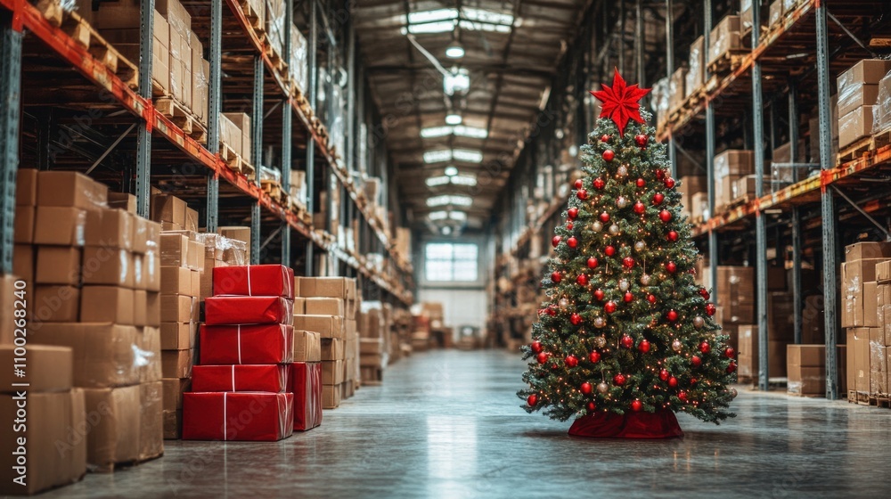Fototapeta premium Christmas tree in large warehouse with stacked boxes.