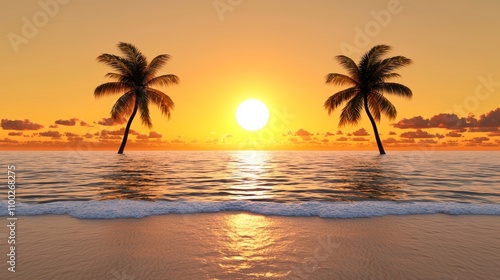 Serene Sunset Over Tranquil Ocean with Silhouetted Palm Trees Creating a Breathtaking Tropical Paradise by the Shore