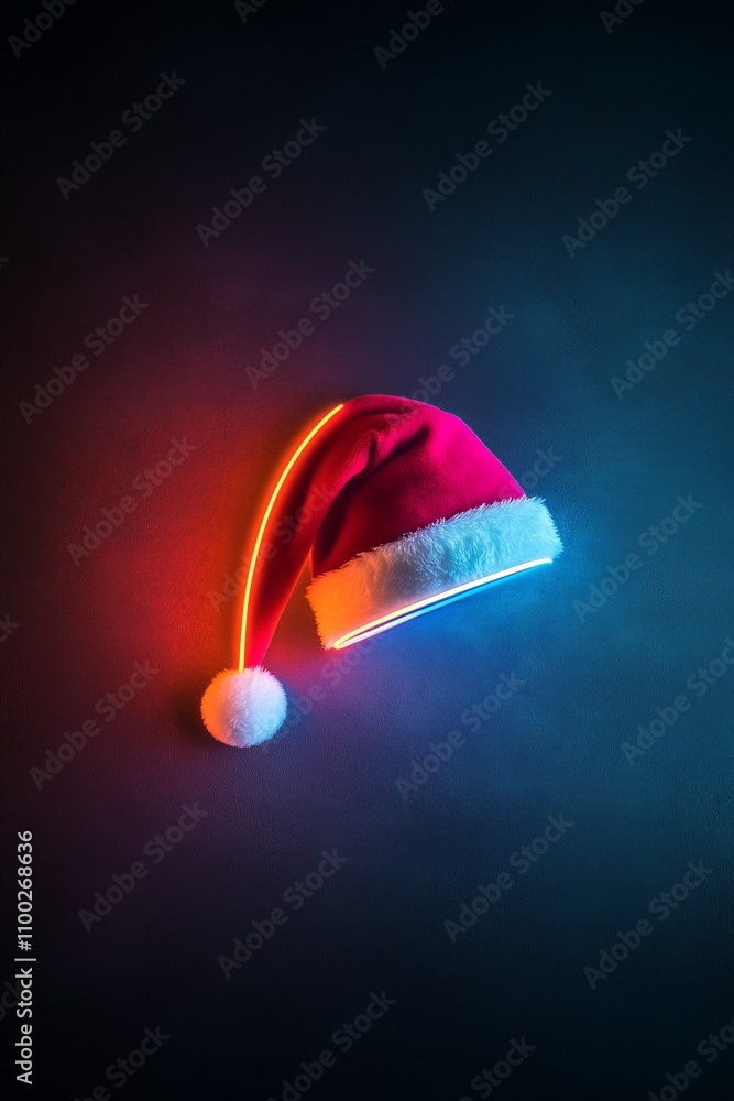 Modern, Isolated, minimalistic Santa's hat on a dark background with neon details on the hat.