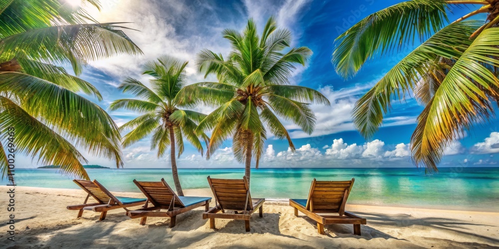 Fototapeta premium Palm Tree Serenity Three Loungers on a Pristine Beach, Beach, Relaxation, Tropical, Vacation