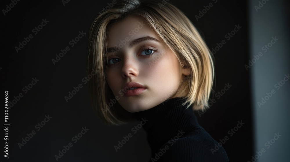 Fototapeta premium Captivating Portrait of a Young Woman in Natural Light with Elegant Short Hair and a Black Turtleneck