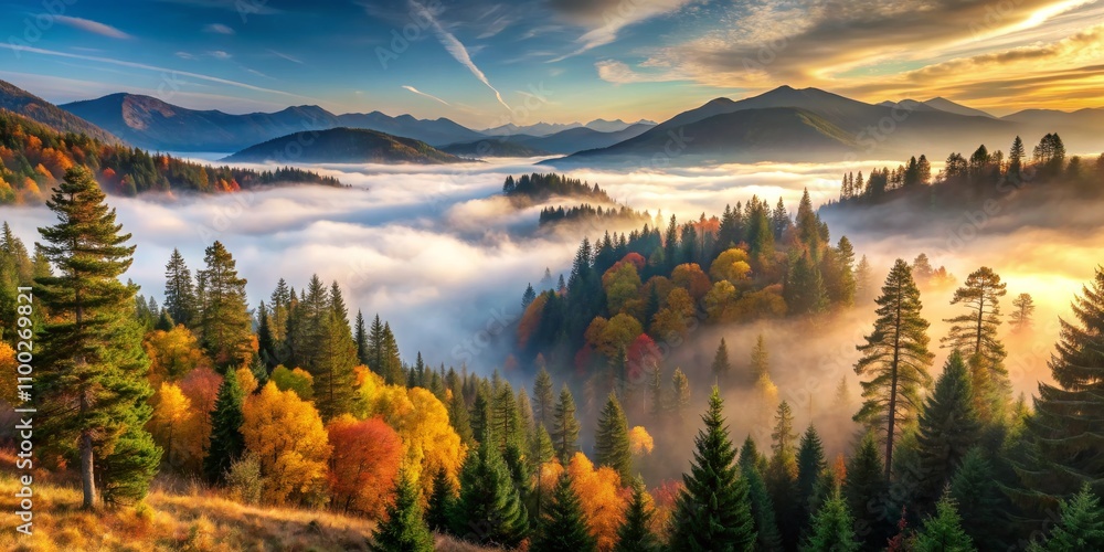 Fototapeta premium Golden Sunrise Over Foggy Mountain Forest, sunrise, mountain, forest, fog