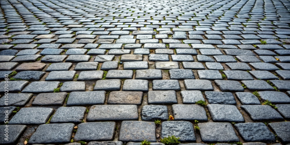 Fototapeta premium Cobblestone Path with Grass, Close Up Perspective, Natural Stone Texture, Outdoor Surface, cobblestones , stone path , paving