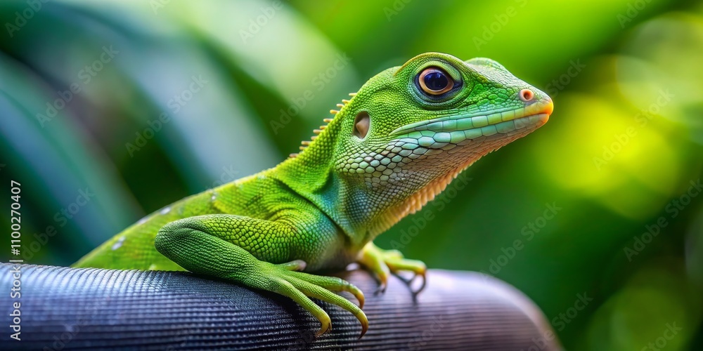 Fototapeta premium A Green Lizard Perched on a Branch, Close-up, Wildlife Photography, Reptile, Nature, Lizard, Green