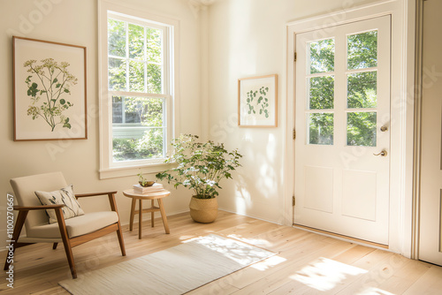 A serene midcentury modern living room with cozy furnishings, neutral tones, and soft natural light