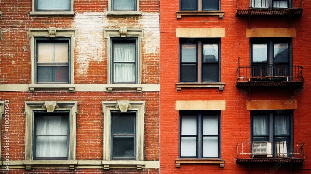 Fototapeta premium Gentrification explored through close-up shots of contrasting architectural styles in rapidly changing urban neighborhoods, Symbolizing socio-economic shifts and cultural transformation