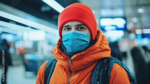 travel restrictions concept. A traveler at a rebooking counter discussing options after their flight was canceled due to restrictions photo