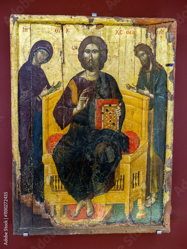 Jesus Christ with Virgin Mary and John the Baptist Orthodox icon at Ecclesiastical Museum Agia Ekaterini, Crete, Greece