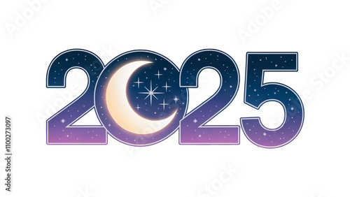 The text '2025' with a glowing crescent moon and stars integrated into the design. 2025 PNG.