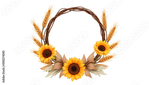 Rustic watercolor wreath with wheat stalks, sunflowers and burlap ribbons