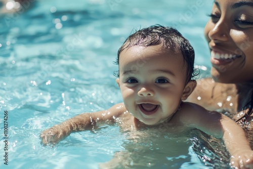 An african american mother swimming in the pool with baby