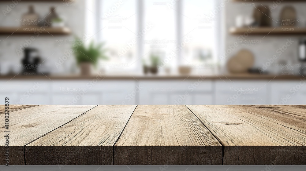 Modern Kitchen Background with Wooden Tabletop for Display Purposes