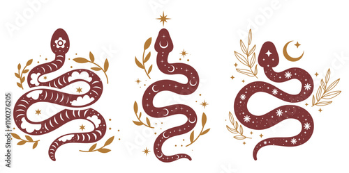 Mystical snake illustration, celestial, new year, 2025
