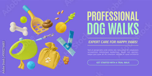 3d Professional Dog Walkers Service Pet Concept Ads Banner Promotion Poster Card. Vector illustration of Floating Objects
