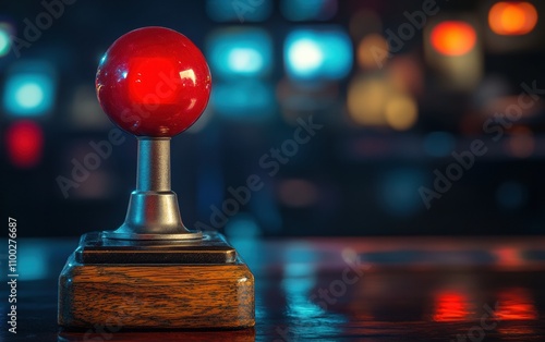 A vintage arcade joystick with a wooden base and a red handle on a blurred gaming club background.  photo