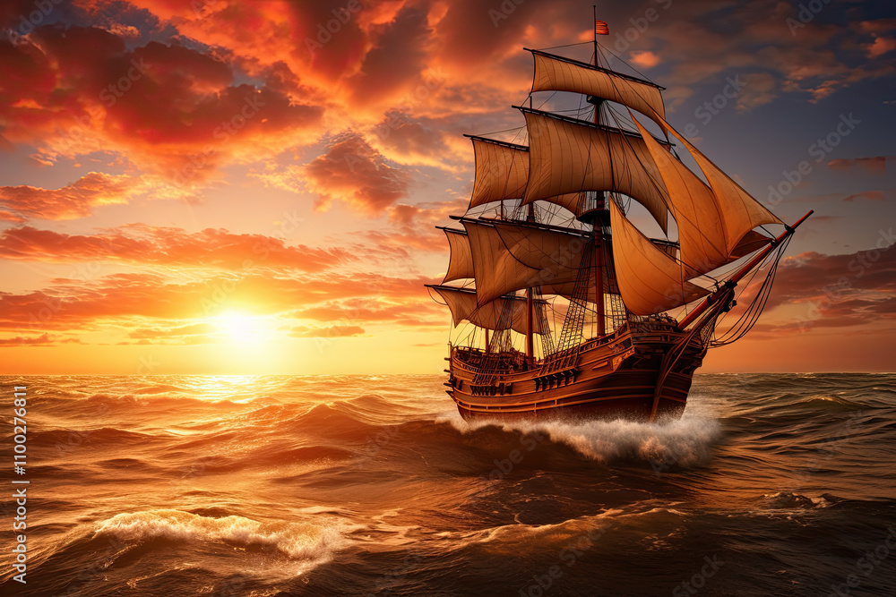 Fototapeta premium Ultra realistic old caravel on the ocean