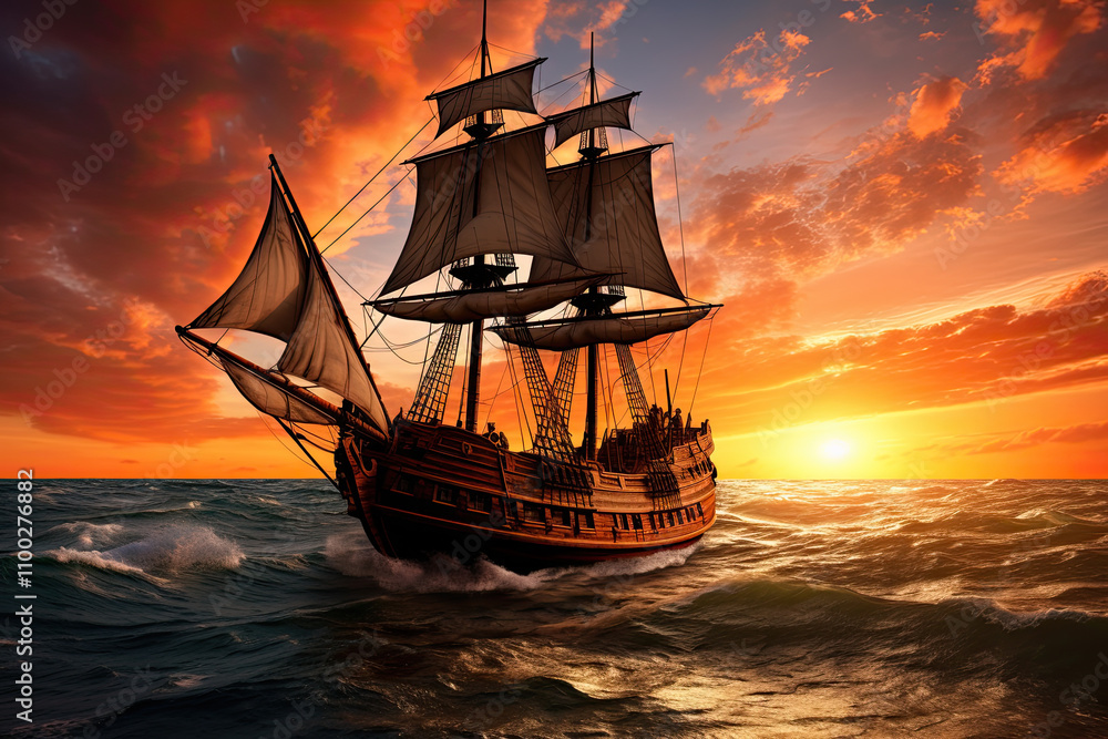 Fototapeta premium Ultra realistic old caravel on the ocean