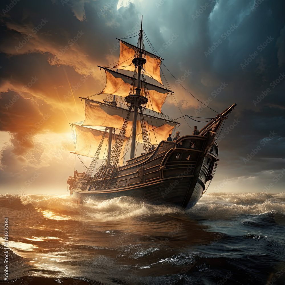 Obraz premium Ultra realistic old caravel on the ocean