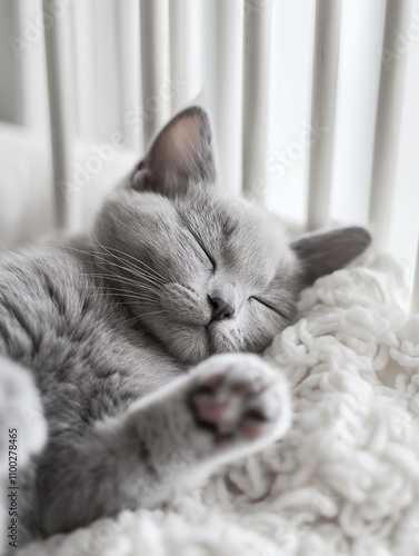 Eine schlafende, graue Katze liegt entspannt auf einer weichen, weißen Decke. Die geschlossenen Augen und die entspannte Haltung verleihen dem Bild eine friedliche und behagliche Atmosphäre photo