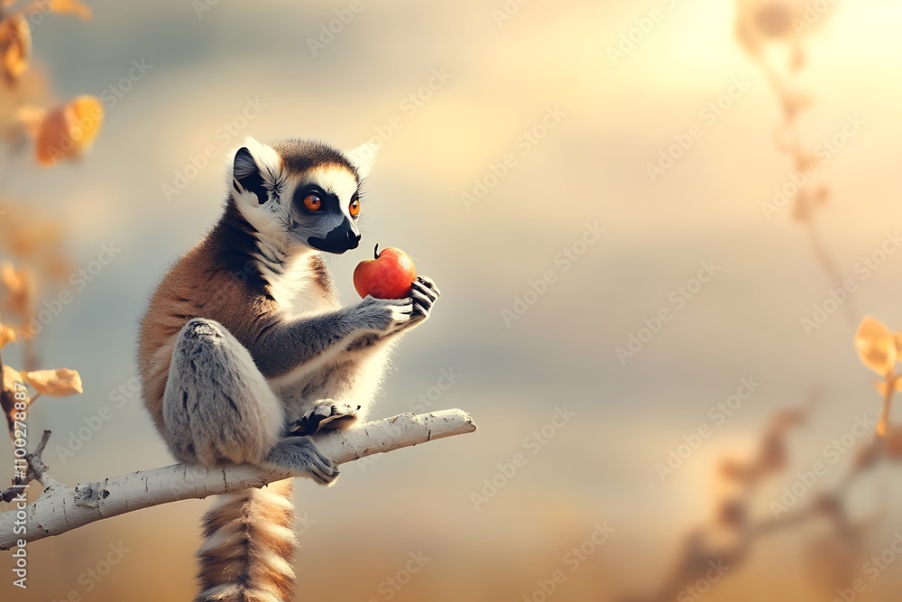 Obraz premium A curious ring-tailed lemur sitting on a branch, enjoying a juicy red apple under the warm golden hour sunlight in a tropical forest setting.