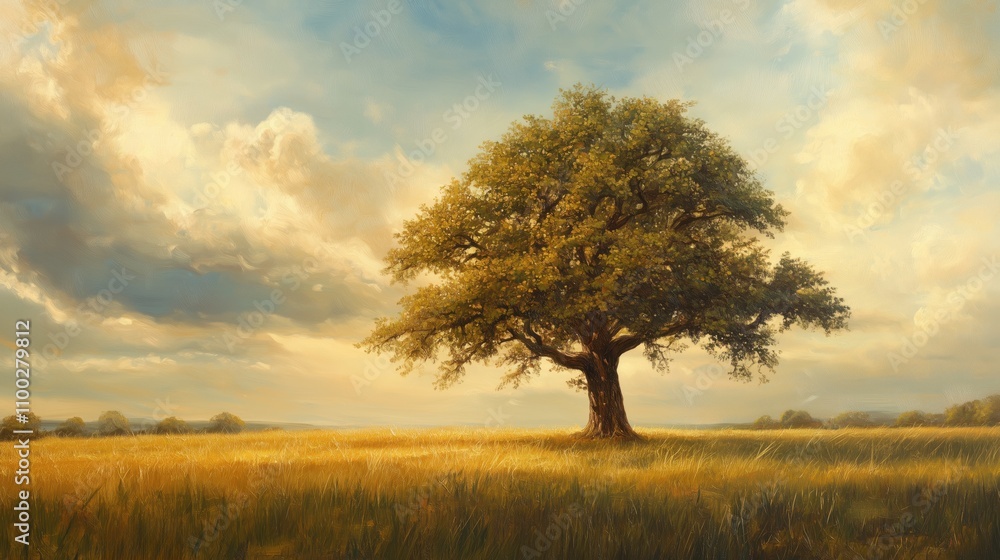 Fototapeta premium Solitäre Eiche in einer weiten goldenen Ebene