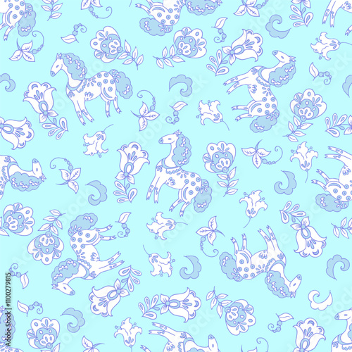 Cute ethnic horses seamless vector pattern. Baby background