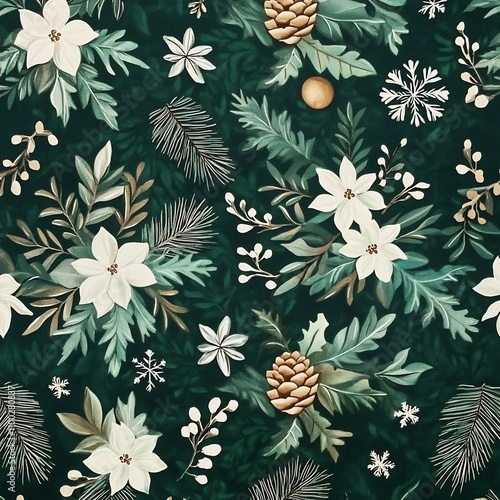 Elegant Winter Themed Floral Pattern with Snowflakes  Pine Cones  and Holly Leaves on Dark Green Background