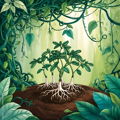  illustration of the Growth Trees concept, set against a lush and intricate nature background, with a focus on beautiful green hues
