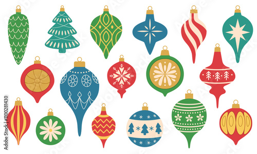Retro Christmas ornaments and baubles. Christmas balls and decorations of different shapes and sizes with patterns. Vintage decorations for the Christmas tree.