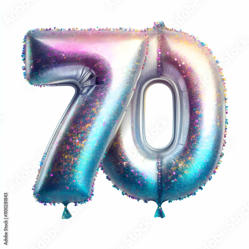 number 70 holographic balloon in glitter texture isolated on white background