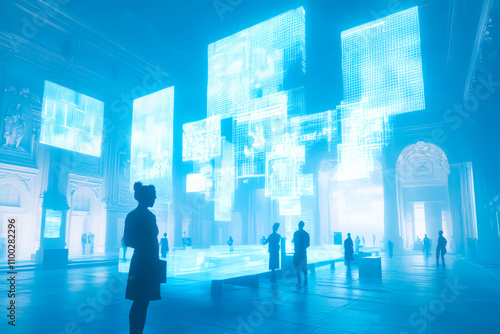 A modern reimagining of Raphael’s School of Athens, where ancient philosophers like Plato and Aristotle are replaced with AI scientists, technologists, and robotic figures.