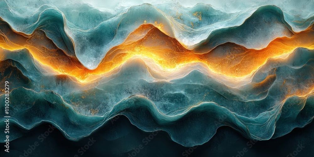 Fototapeta premium Abstract landscape with glowing orange and teal waves.