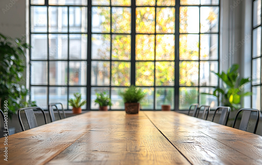 Fototapeta premium spacious boardroom with wooden table, surrounded by plants and large windows, creating bright and inviting atmosphere. natural light enhances warm tones of wood