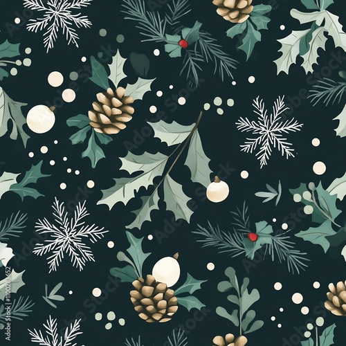 Cozy Winter Themed Pattern with Snowflakes  Pine Cones  and Holly Leaves on Dark Green Background