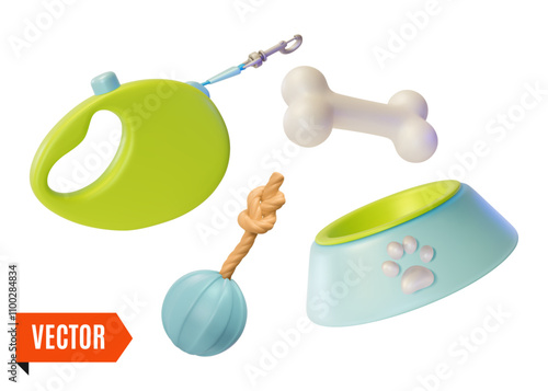 3d Pet Shop Concept Dog Rubber Ball, Plastic Plate Bowl, Bone and Roulette Cartoon Design Style. Vector illustration