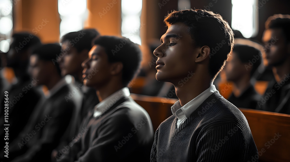 A group of young men are sitting in a church service, listening to a sermon with their heads bowed in prayer. A group of young men are sitting in a church service, listening to a sermon with their heads bowed in prayer.