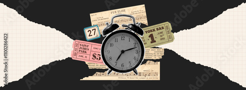 Retro Vintage Scrapbooking Collage with Clock Theme. Torn Newspaper Scraps with ripped edges. Old concert tickets, music sheets, and torn paper elements.